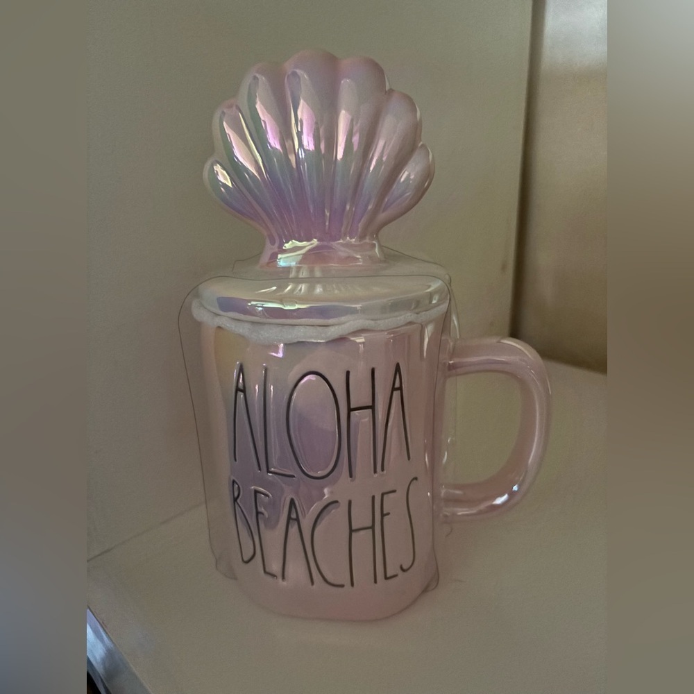 Rae Dunn Pink Shell Mug with 'Aloha Beaches' Text